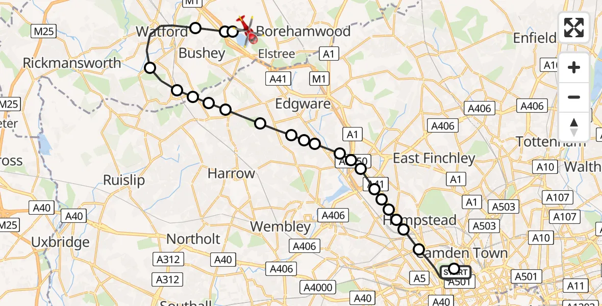 Flight route Air Ambulance Helicopter Chalk Farm - Elstree Airfield, 02 August 2026, 13:40