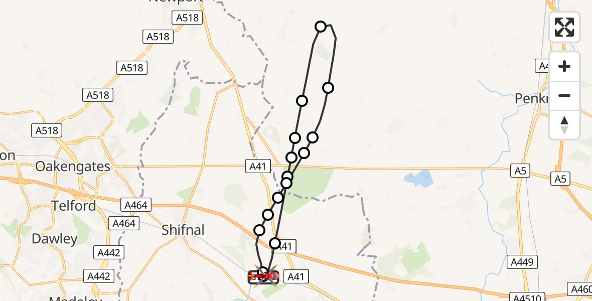 Flight route Air Ambulance Helicopter RAF Cosford - Cosford, 02 August 2026, 13:41