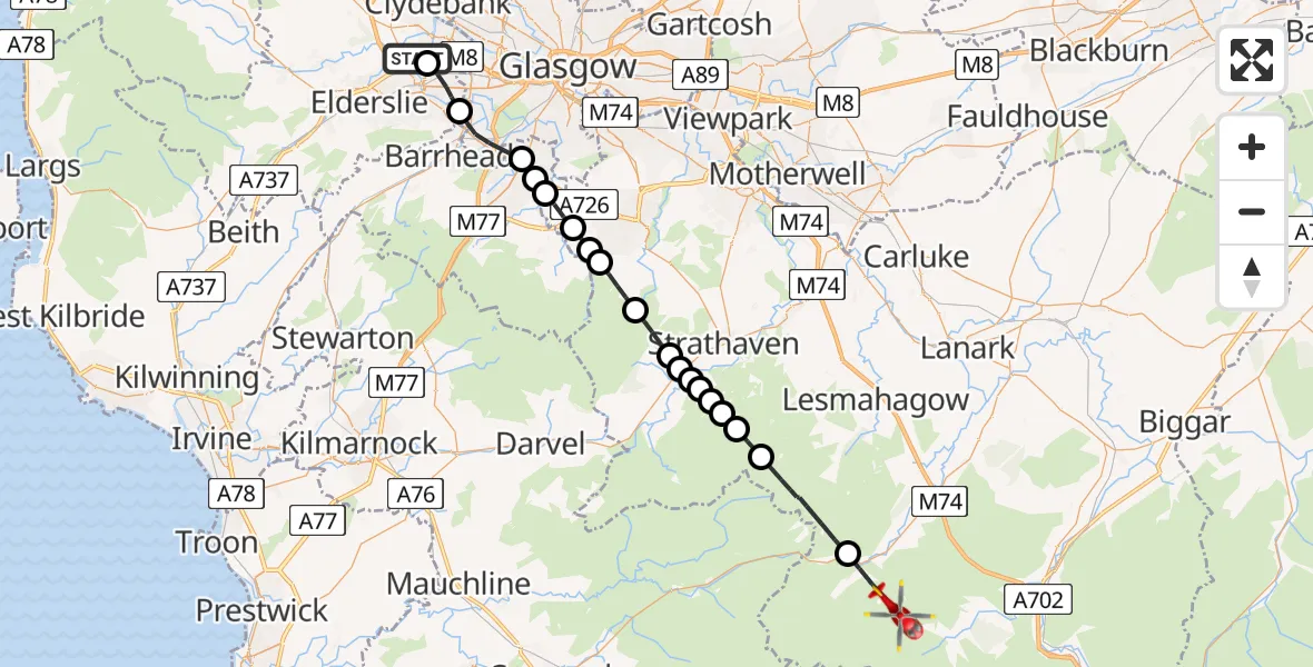 Flight route Air Ambulance Helicopter Glasgow Airport - South Lanarkshire, 02 August 2026, 13:48