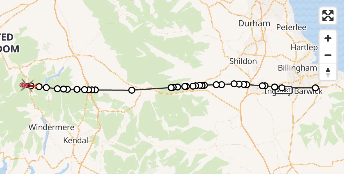 Flight route Air Ambulance Helicopter Egglescliffe - St. John's Castlerigg and Wythburn, 02 August 2026, 13:49