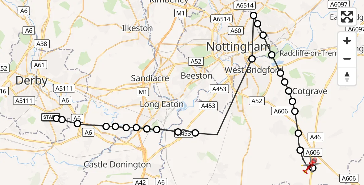 Flight route Air Ambulance Helicopter Shelton Lock - Nottingham Heliport, 02 August 2026, 13:56