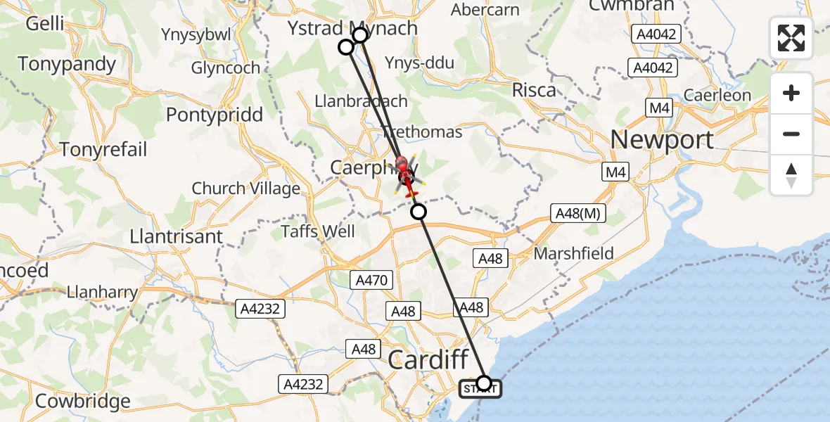 Flight route Air Ambulance Helicopter Cardiff Heliport - Caerphilly, 02 August 2026, 13:57