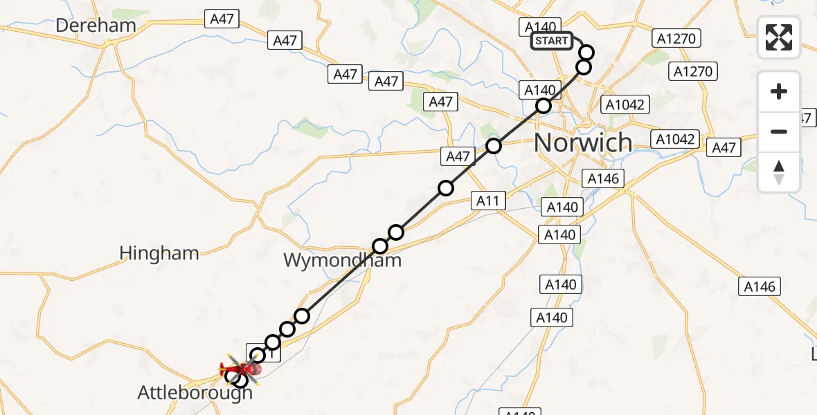 Flight route Air Ambulance Helicopter Norwich Airport - Attleborough, 02 August 2026, 13:59