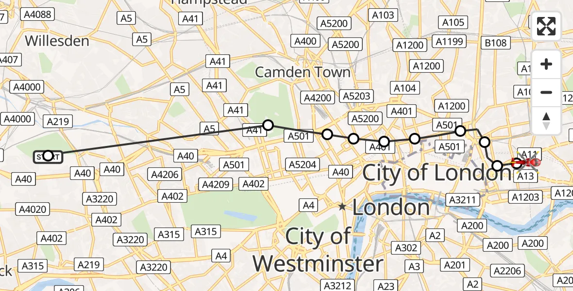Flight route Air Ambulance Helicopter Shepherd's Bush - Royal London Hospital, 02 August 2026, 14:00