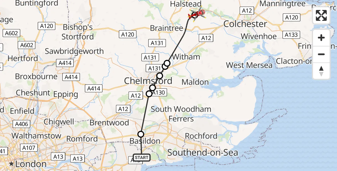 Flight route Air Ambulance Helicopter Corringham - Earls Colne Airfield, 02 August 2026, 14:01