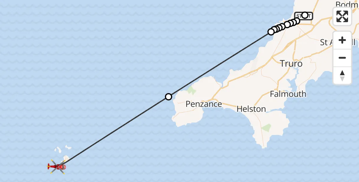 Flight route Air Ambulance Helicopter Cornwall Airport Newquay - North Atlantic Ocean, 02 August 2026, 14:08