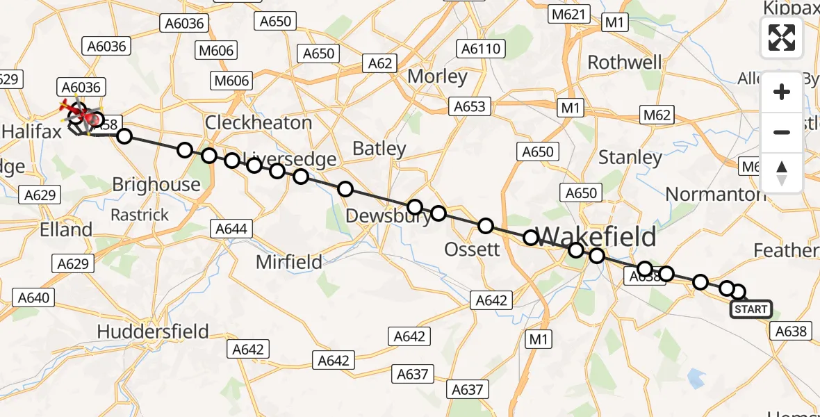 Flight route Air Ambulance Helicopter YAA Nostell Helicopter Port - Stump Cross, 02 August 2026, 14:16