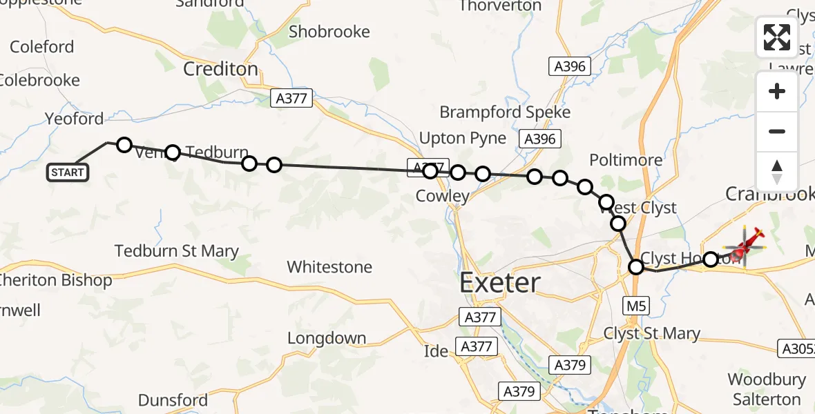 Flight route Air Ambulance Helicopter Yeoford - Exeter International Airport, 02 August 2026, 14:22