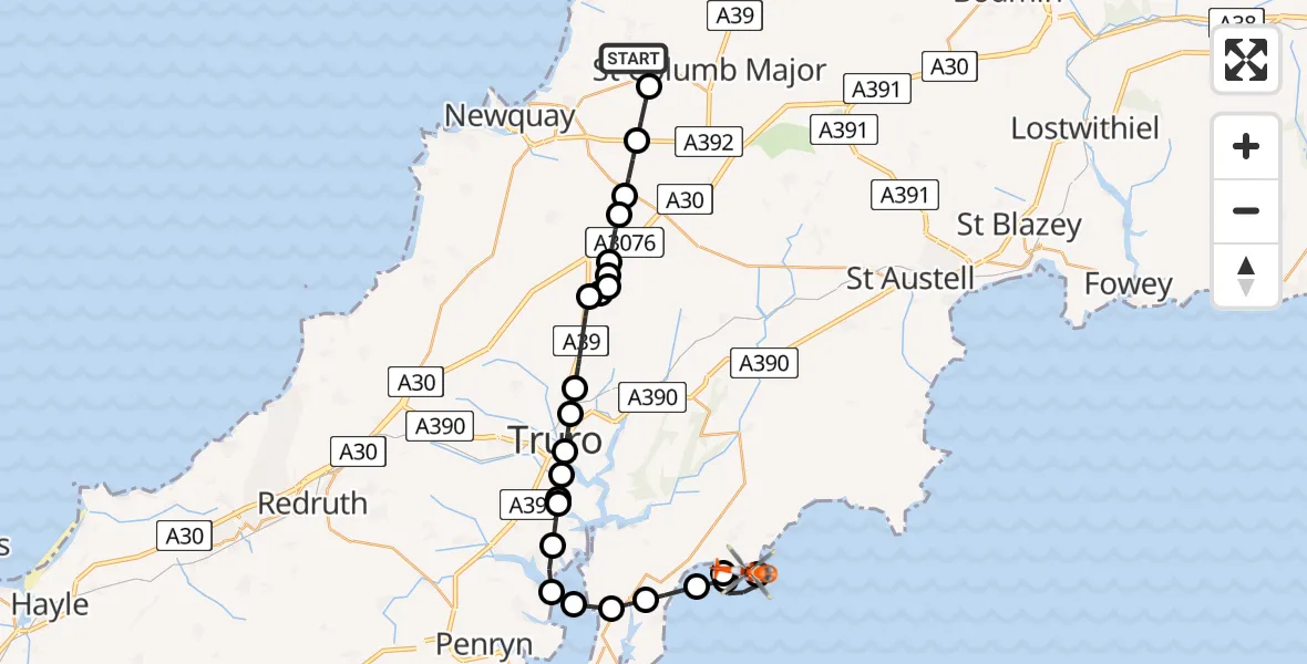 Flight route Coastguard Helicopter Cornwall Airport Newquay - Veryan, 02 August 2026, 14:24
