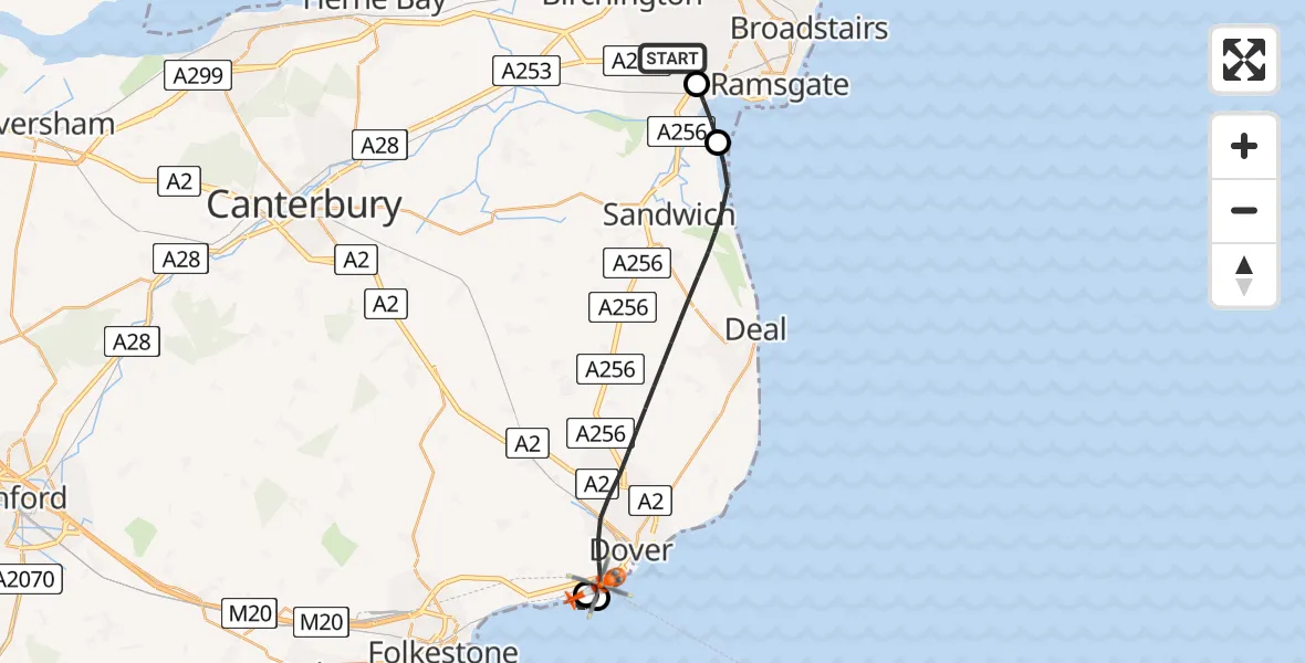 Flight route Coastguard Helicopter Manston Airport - Dover, 02 August 2026, 14:31