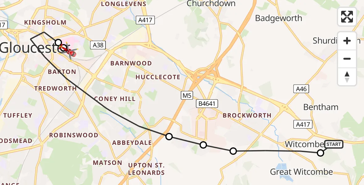 Flight route Air Ambulance Helicopter Birdlip - Gloucester, 02 August 2026, 14:32