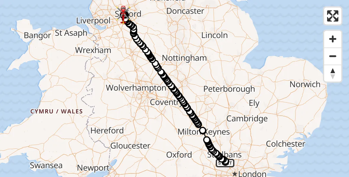 Flight route Air Ambulance Helicopter Elstree Airfield - Manchester Barton Aerodrome, 02 August 2026, 14:35