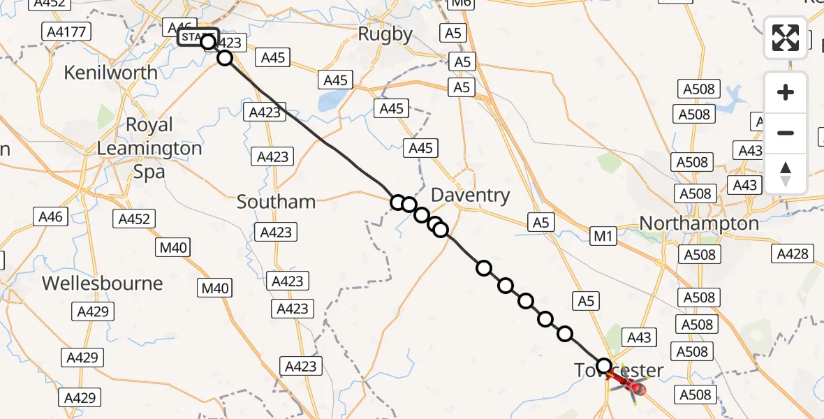 Flight route Air Ambulance Helicopter Coventry Airport - Towcester, 02 August 2026, 14:37