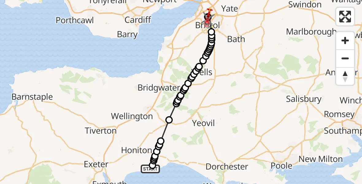 Flight route Air Ambulance Helicopter Seaton - Bristol, 02 August 2026, 14:42