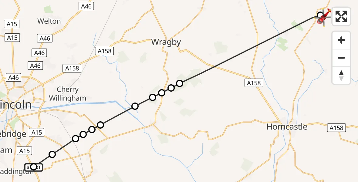 Flight route Air Ambulance Helicopter RAF Waddington - East Lindsey, 02 August 2026, 14:43