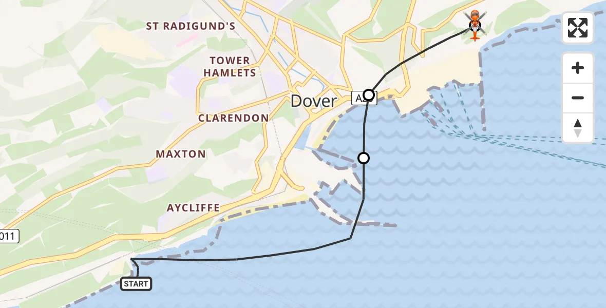 Flight route Coastguard Helicopter Dover - Langdon Battery Heliport, 02 August 2026, 14:46