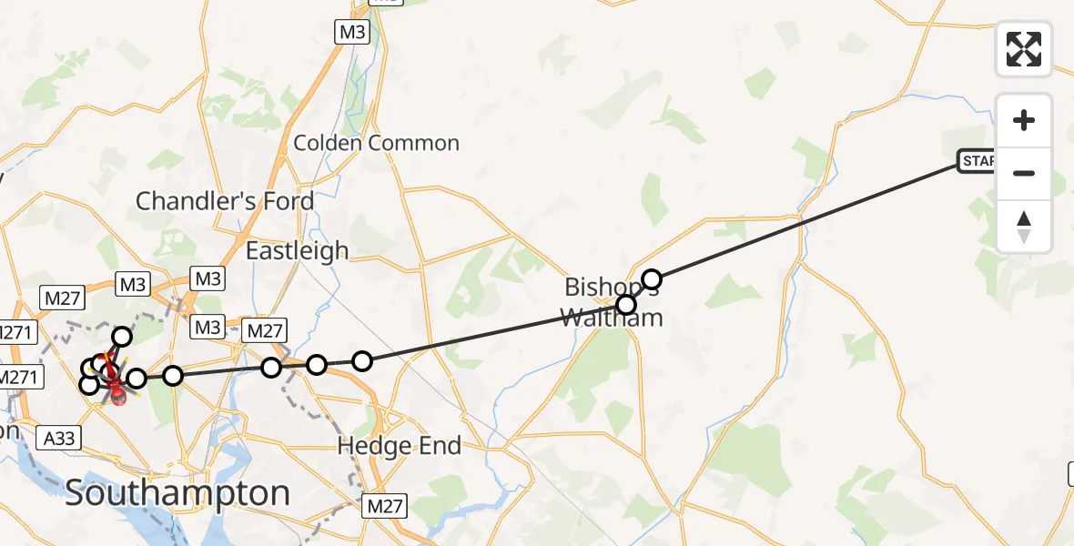 Flight route Air Ambulance Helicopter East Meon - University Hospital Southampton, 02 August 2026, 14:48