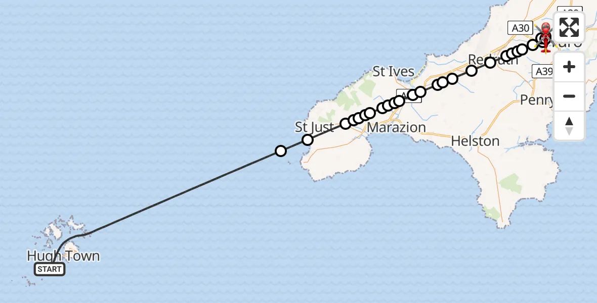 Flight route Air Ambulance Helicopter North Atlantic Ocean - Treliske Hospital, 02 August 2026, 14:56