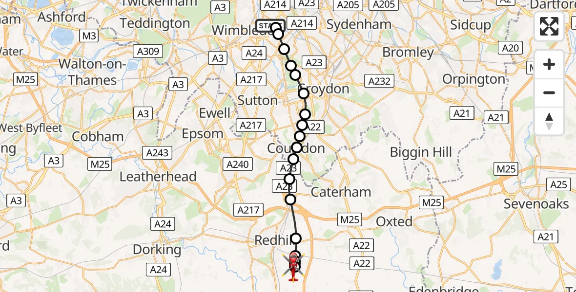 Flight route Air Ambulance Helicopter St Georges Hospital - Redhill Aerodrome, 02 August 2026, 14:56