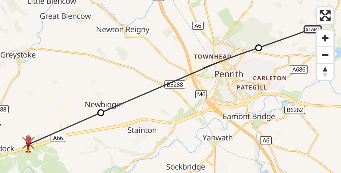 Flight route Air Ambulance Helicopter Langwathby - Newbiggin, 02 August 2026, 14:56