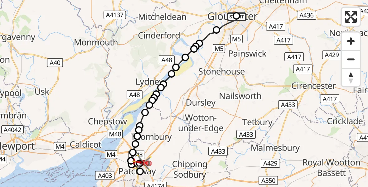 Flight route Air Ambulance Helicopter Gloucester Royal Hospital - Almondsbury Helicopter Base, 02 August 2026, 15:00
