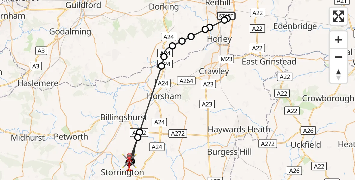 Flight route Air Ambulance Helicopter Redhill Aerodrome - Storrington, 02 August 2026, 15:07