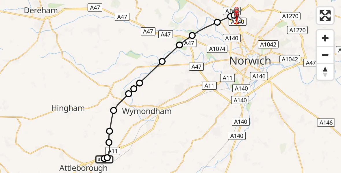 Flight route Air Ambulance Helicopter Besthorpe - Norwich Airport, 02 August 2026, 15:19