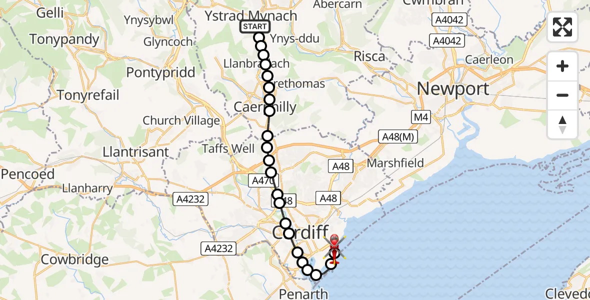 Flight route Air Ambulance Helicopter Maesycwmmer - Cardiff Heliport, 02 August 2026, 15:23