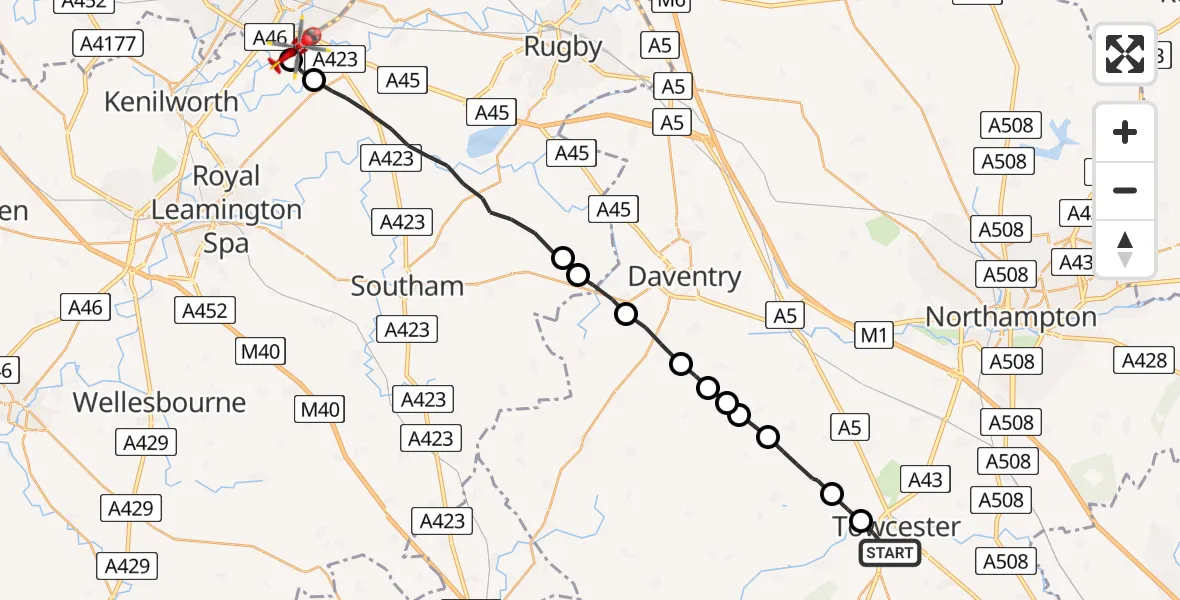 Flight route Air Ambulance Helicopter Towcester - Coventry Airport, 02 August 2026, 15:24
