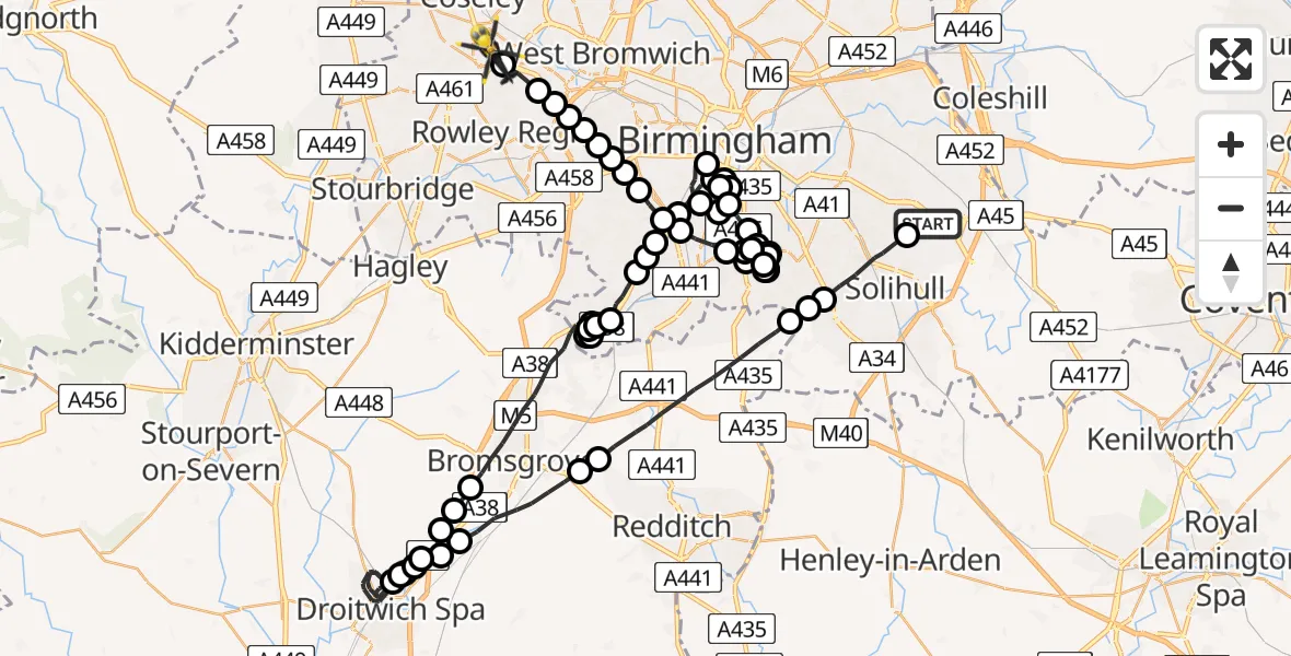 Flight route Police Helicopter Solihull - Dudley, 02 August 2026, 15:26