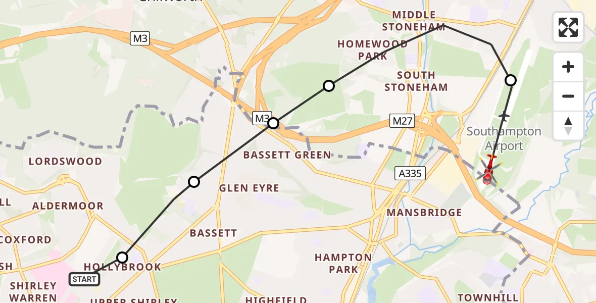 Flight route Air Ambulance Helicopter University Hospital Southampton - Southampton Airport, 02 August 2026, 15:30