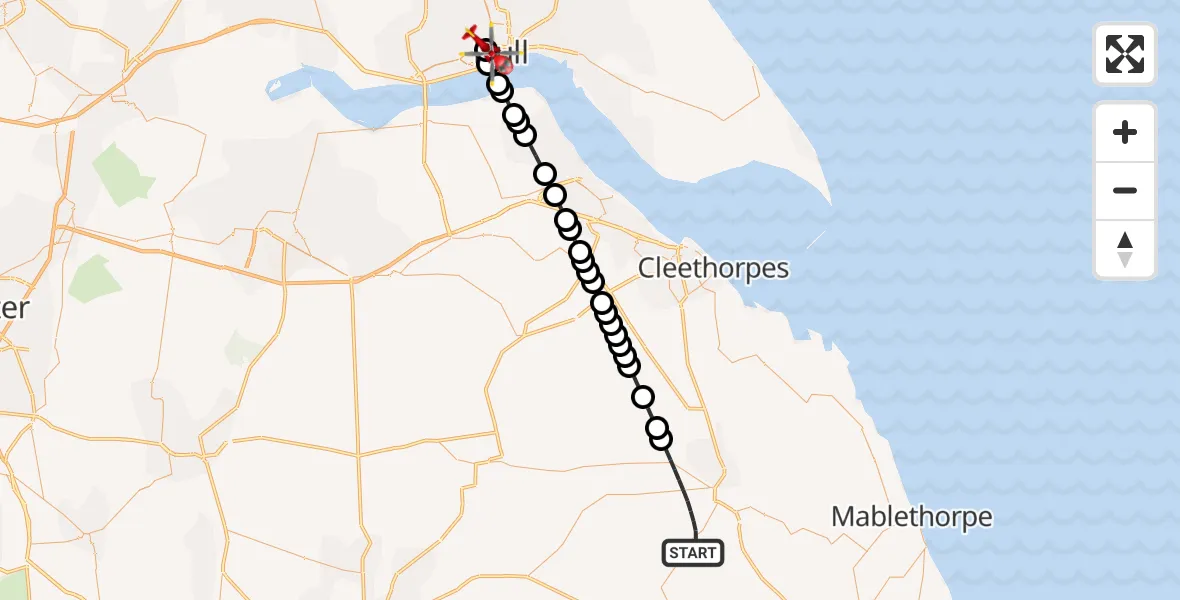 Flight route Air Ambulance Helicopter East Lindsey - Hull Royal Infirmary, 02 August 2026, 15:33