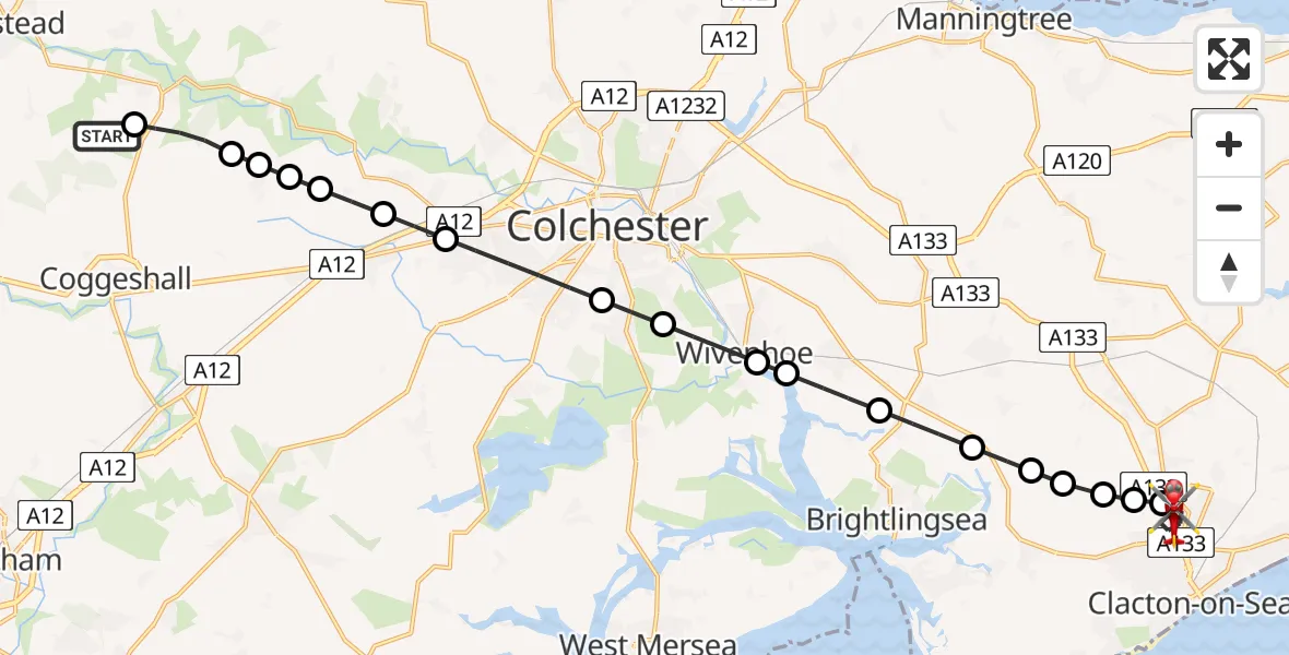 Flight route Air Ambulance Helicopter Earls Colne Airfield - Clacton-on-Sea, 02 August 2026, 15:33