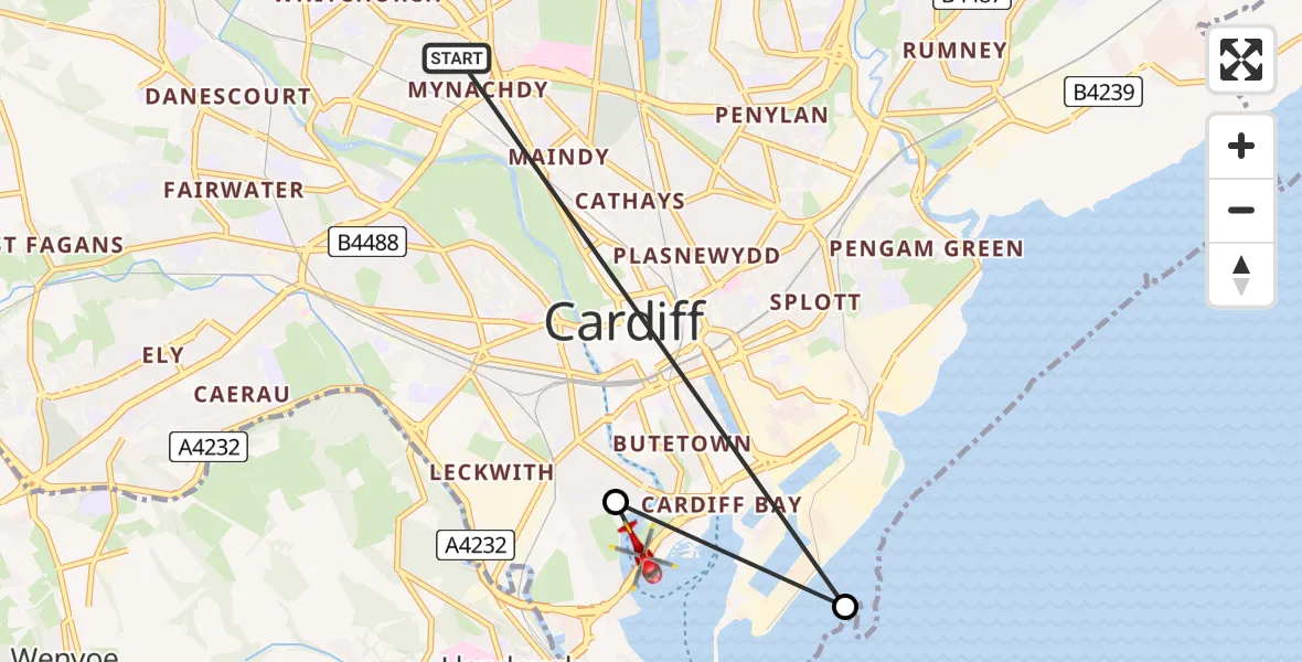 Flight route Air Ambulance Helicopter Whitchurch - Grangetown, 02 August 2026, 15:34