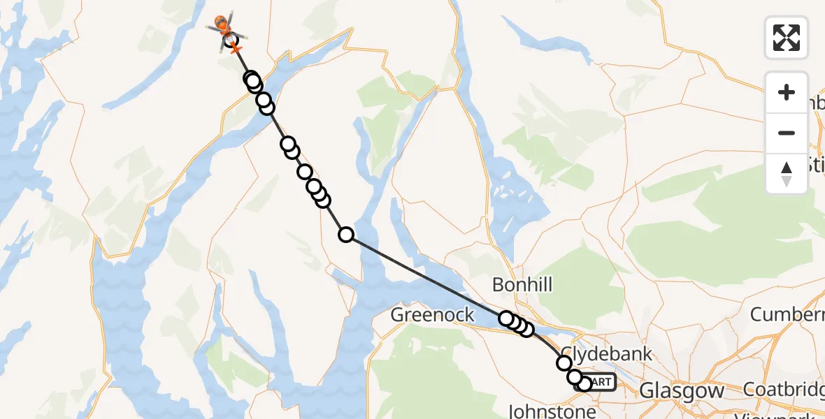 Flight route Coastguard Helicopter Glasgow Airport - Argyll and Bute, 02 August 2026, 15:35