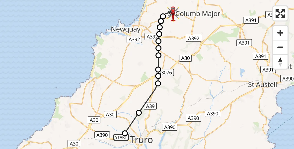 Flight route Air Ambulance Helicopter Treliske Hospital - Cornwall Airport Newquay, 02 August 2026, 15:38