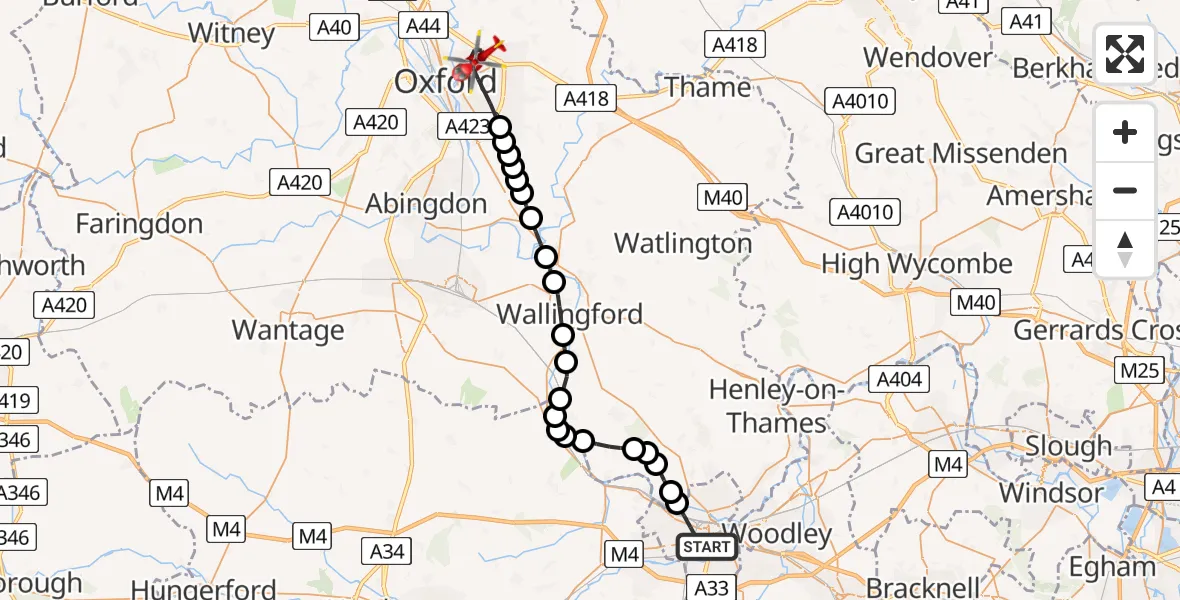 Flight route Air Ambulance Helicopter Reading - Oxford, 02 August 2026, 15:38