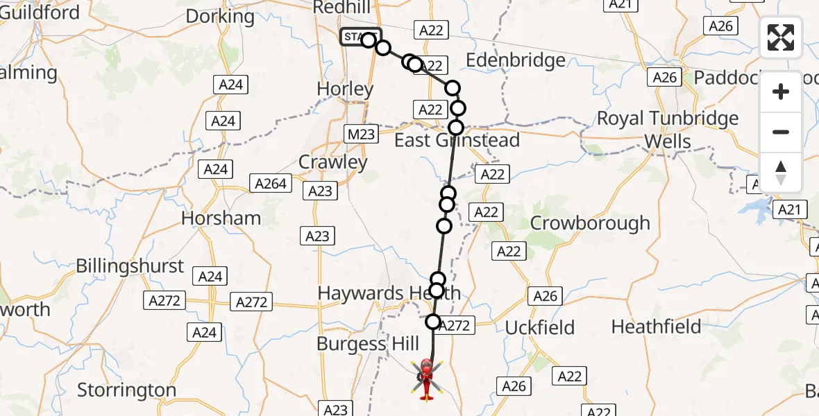 Flight route Air Ambulance Helicopter Redhill Aerodrome - Lewes, 02 August 2026, 15:40
