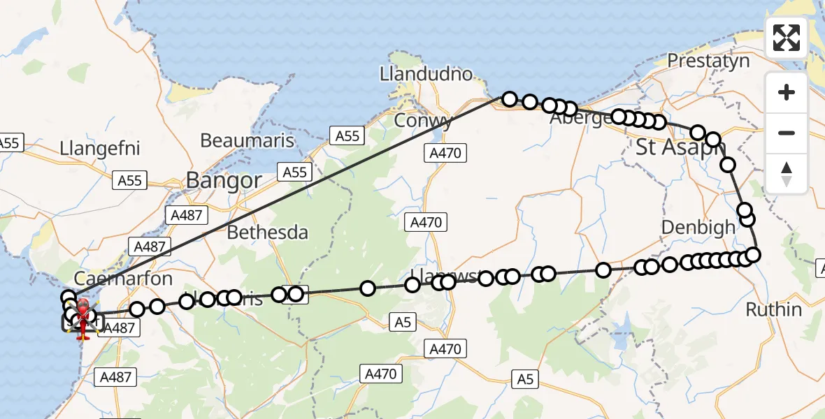 Flight route Air Ambulance Helicopter Caernarfon Airport - Caernarfon Airport, 02 August 2026, 15:44