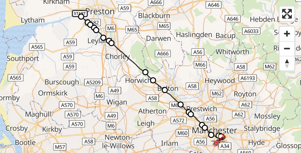 Flight route Air Ambulance Helicopter Lea Town - Longsight, 02 August 2026, 15:51