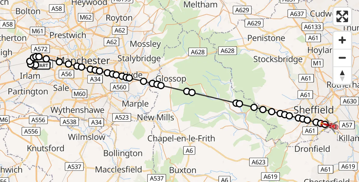 Flight route Air Ambulance Helicopter Manchester Barton Aerodrome - Gleadless, 02 August 2026, 15:54
