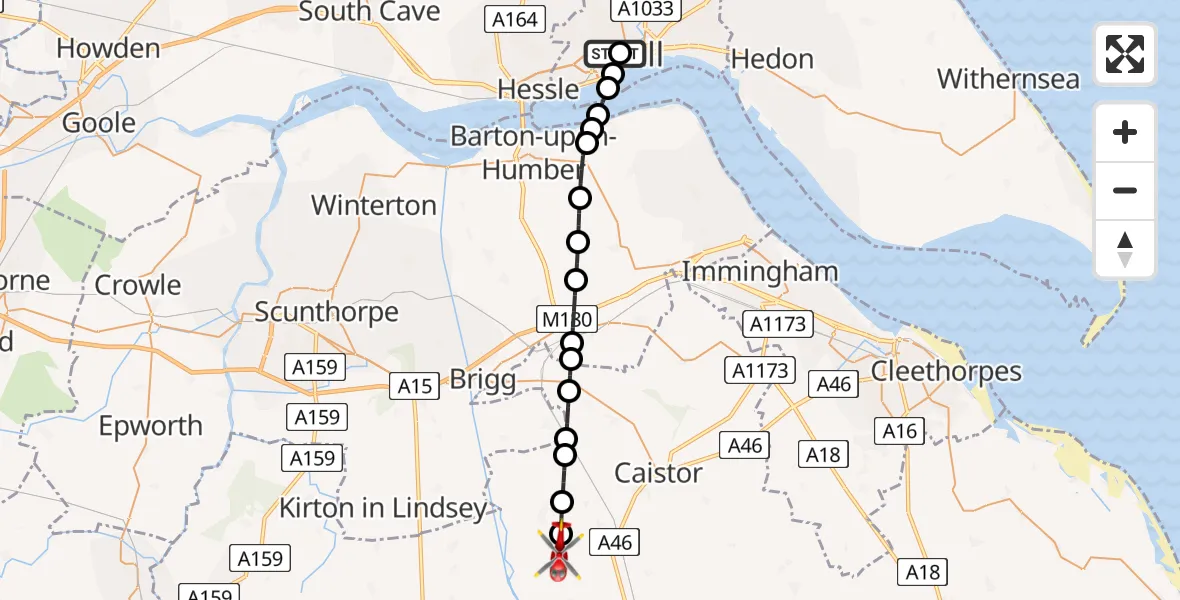 Flight route Air Ambulance Helicopter Hull Royal Infirmary - West Lindsey, 02 August 2026, 16:03