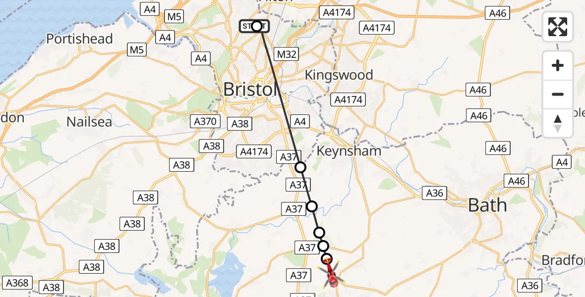 Flight route Air Ambulance Helicopter Southmead Hospital - Farmborough, 02 August 2026, 16:09