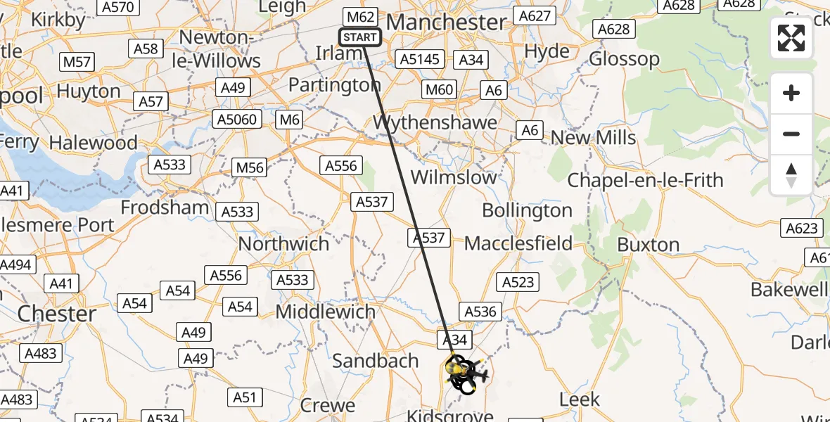 Flight route Police Helicopter Manchester Barton Aerodrome - Newbold Astbury, 02 August 2026, 16:14