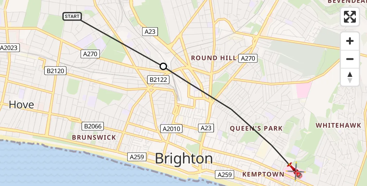 Flight route Air Ambulance Helicopter Hove - Brighton, 02 August 2026, 16:33