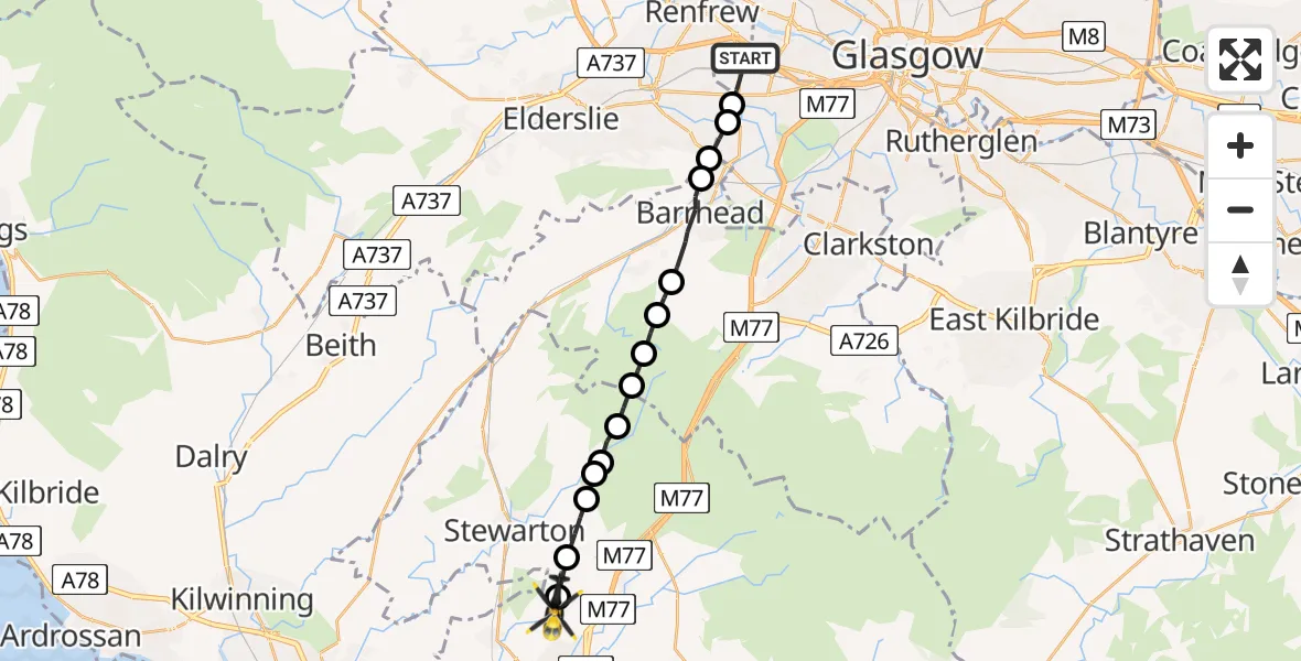 Flight route Police Helicopter Glasgow - Kilmarnock, 02 August 2026, 16:41