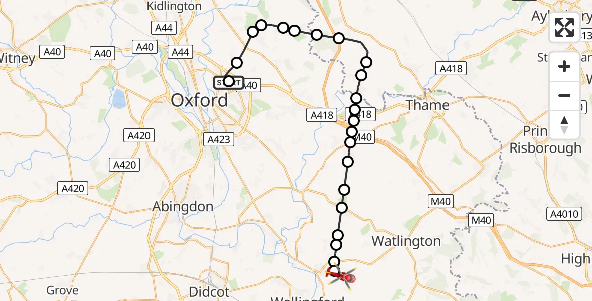 Flight route Air Ambulance Helicopter John Radcliffe Hospital - RAF Benson, 02 August 2026, 16:47