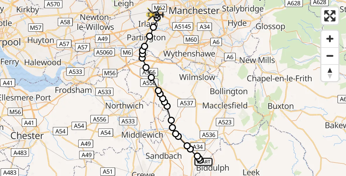 Flight route Police Helicopter Newbold Astbury - Manchester Barton Aerodrome, 02 August 2026, 16:49