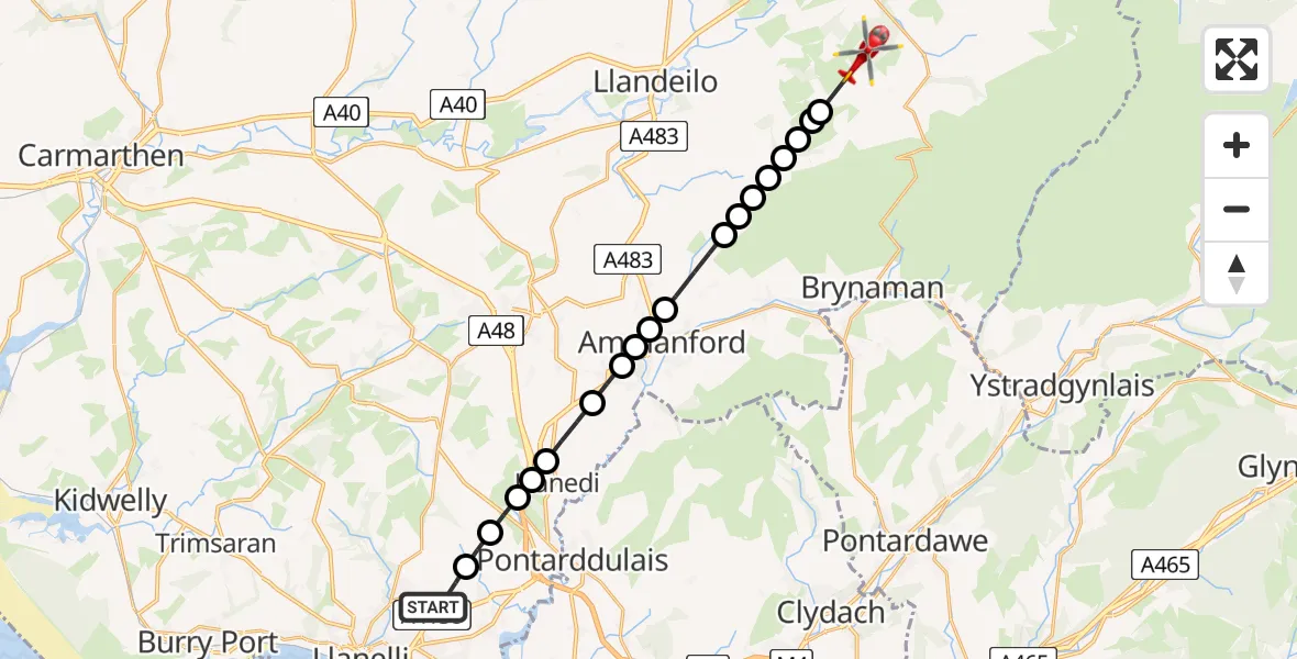 Flight route Air Ambulance Helicopter Dafen - Gwynfe, 02 August 2026, 16:54