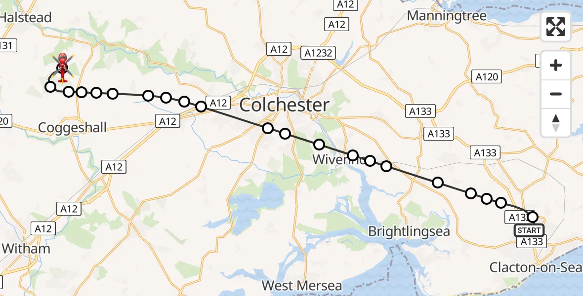 Flight route Air Ambulance Helicopter Clacton-on-Sea - Earls Colne Airfield, 02 August 2026, 16:56